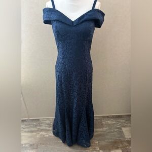 R&M Richards Navy Off-Shoulder Lace Maxi Dress